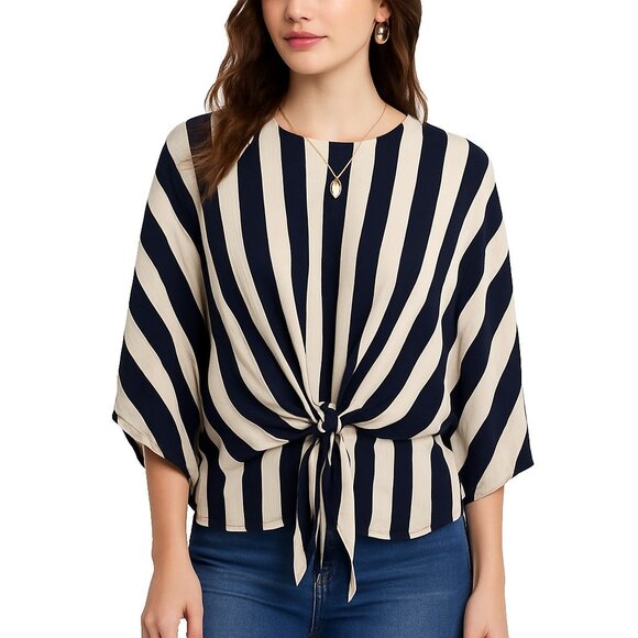 Topshop Black Ivory Striped Tie Front Blouse Womens 8 Boho Modern Statement Top - Picture 1 of 14